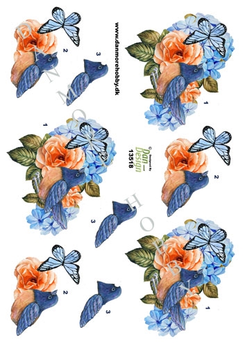 3D Blå blomster, fugl og sommerfugl 